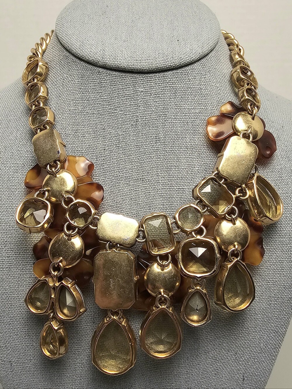 [J. Crew] Chunky Tortoise Flowers Yellow & Clear Faceted Crystal Bib Statement - Picture 2 of 16